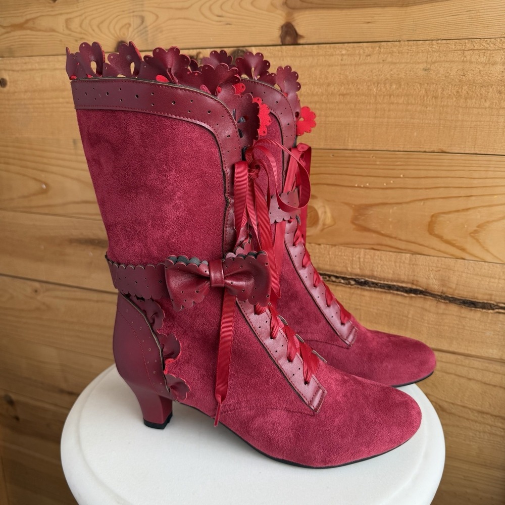 New Steam Punk Victorian Red Ribbon Lace Up Boots Sz 41 Ren Faire Whimsigoth - Picture 2 of 5